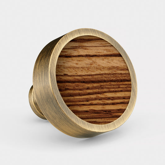 Brass & Zebrano Wood Round Door Knobs in Antique