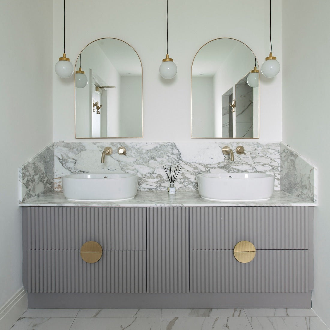 Large Solid Brass Striped Half Moon Handles in Gold