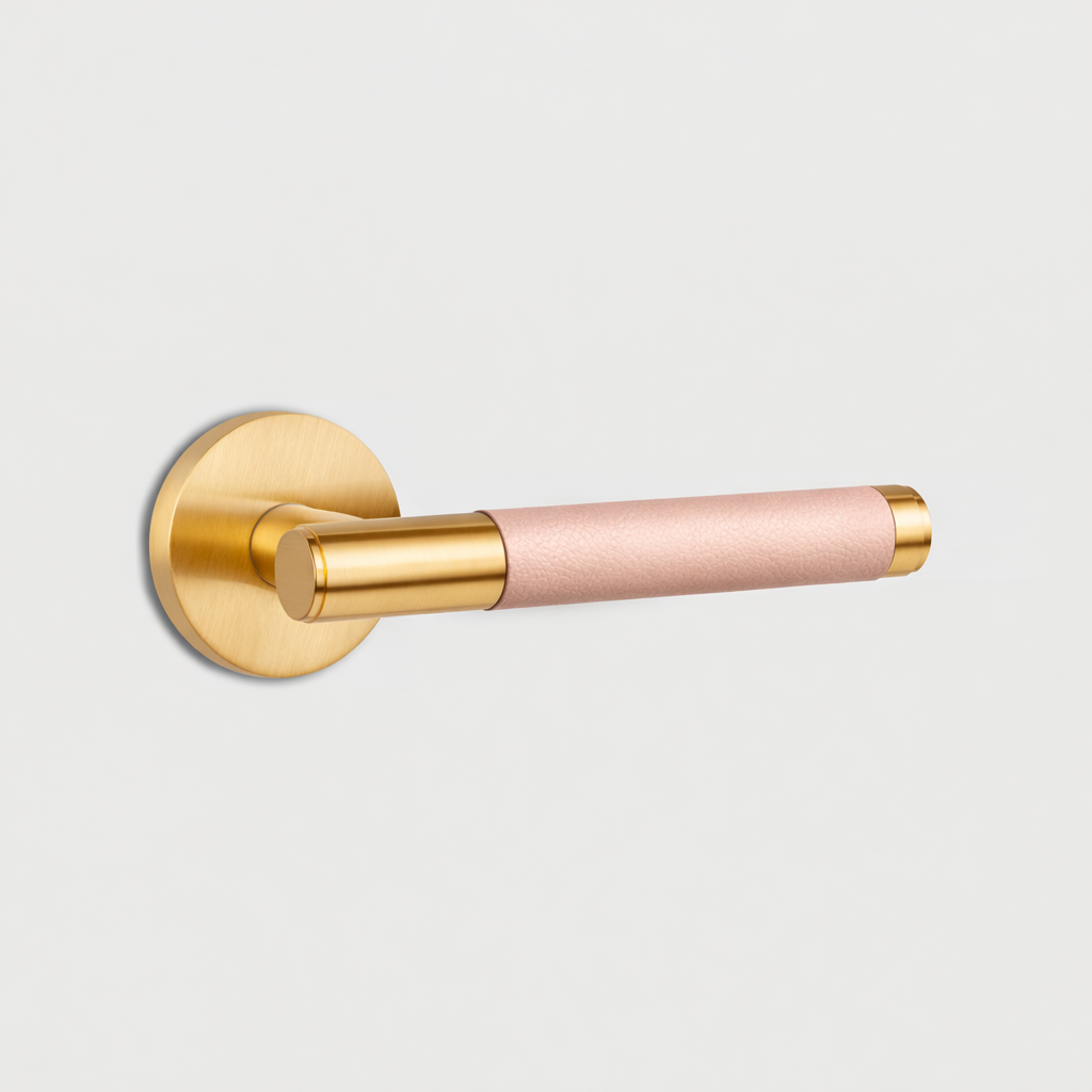 Gold Brass Door Lever Handle with Leather in Pink