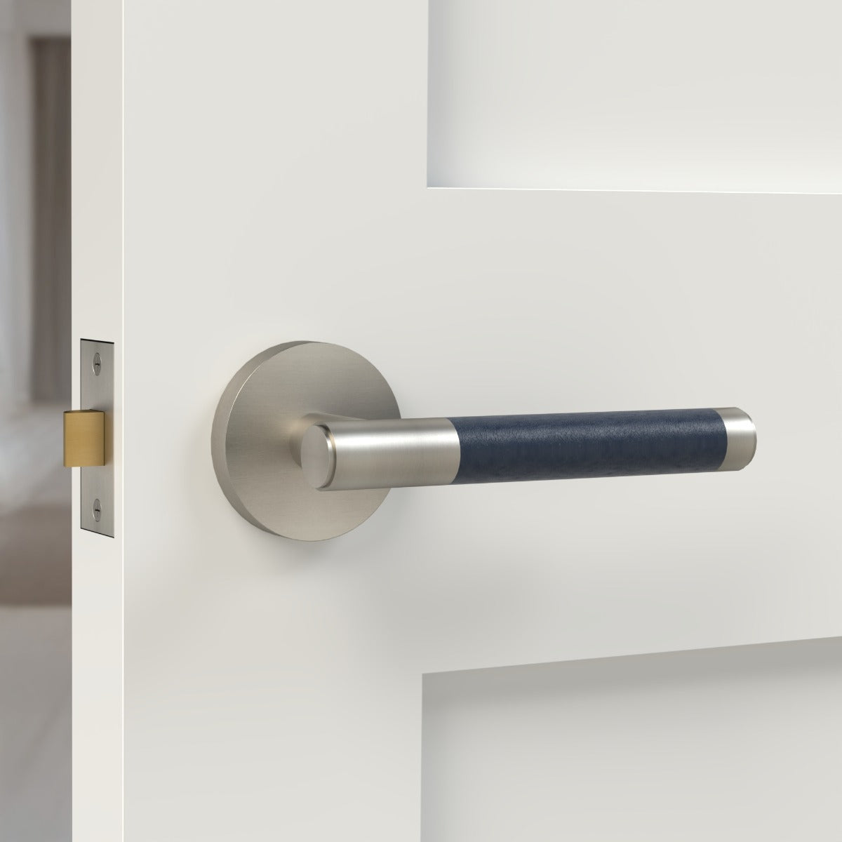 Brass Lever Door Handle in Silver & Blue Leather