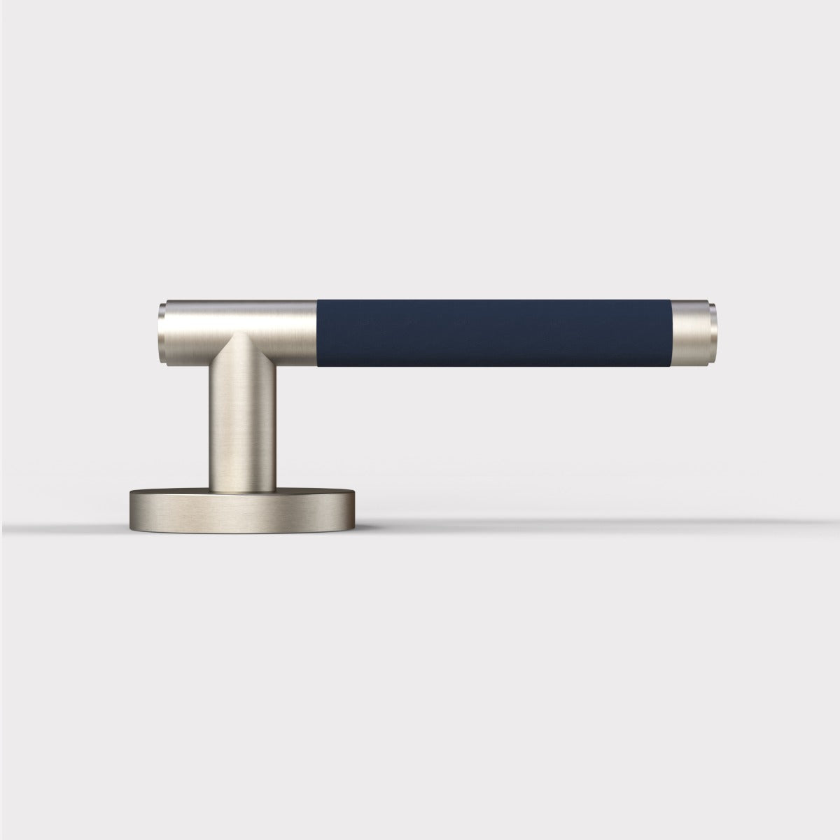 Brass Lever Door Handle in Silver & Blue Leather