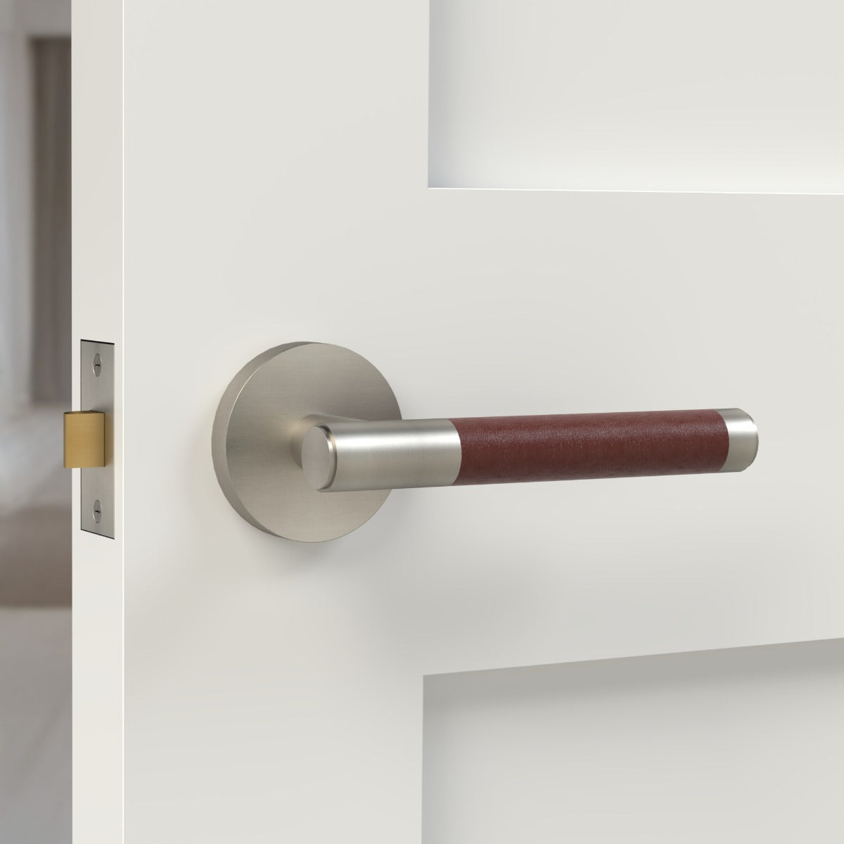 Brass Lever Door Handle in Silver & Brown Leather