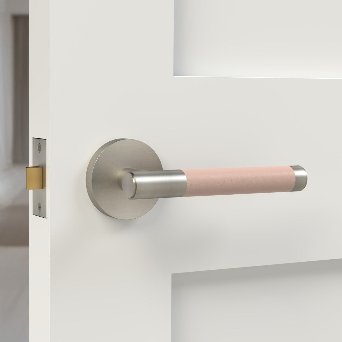 Brass Lever Door Handle in Silver & Pink Leather