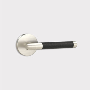Brass Lever Door Handle in Silver & Black Leather