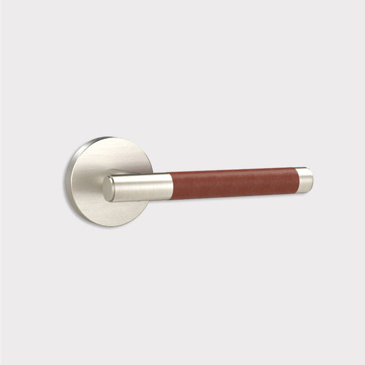 Brass Lever Door Handle in Silver & Brown Leather