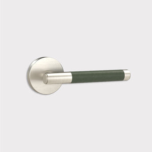 Brass Lever Door Handle in Silver & Green Leather