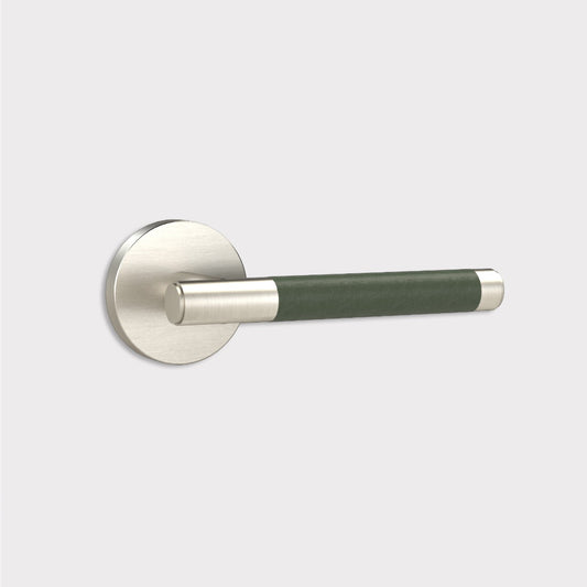 Brass Lever Door Handle in Silver & Green Leather