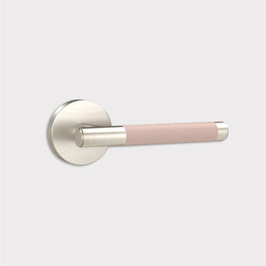 Brass Lever Door Handle in Silver & Pink Leather