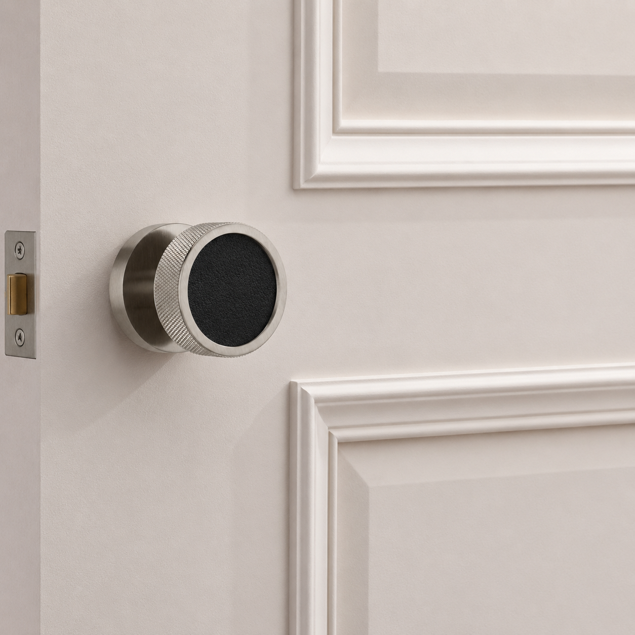 Brass & Leather Mortice Door Knobs in Silver