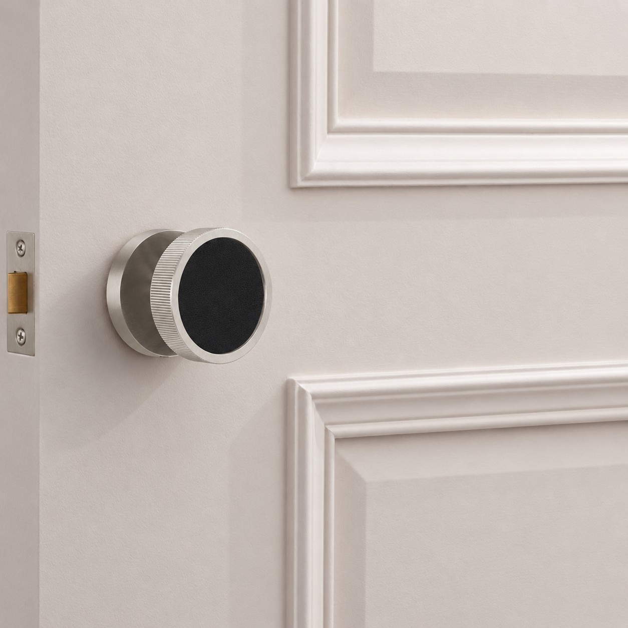 Brass & Leather Mortice Door Knobs in Silver