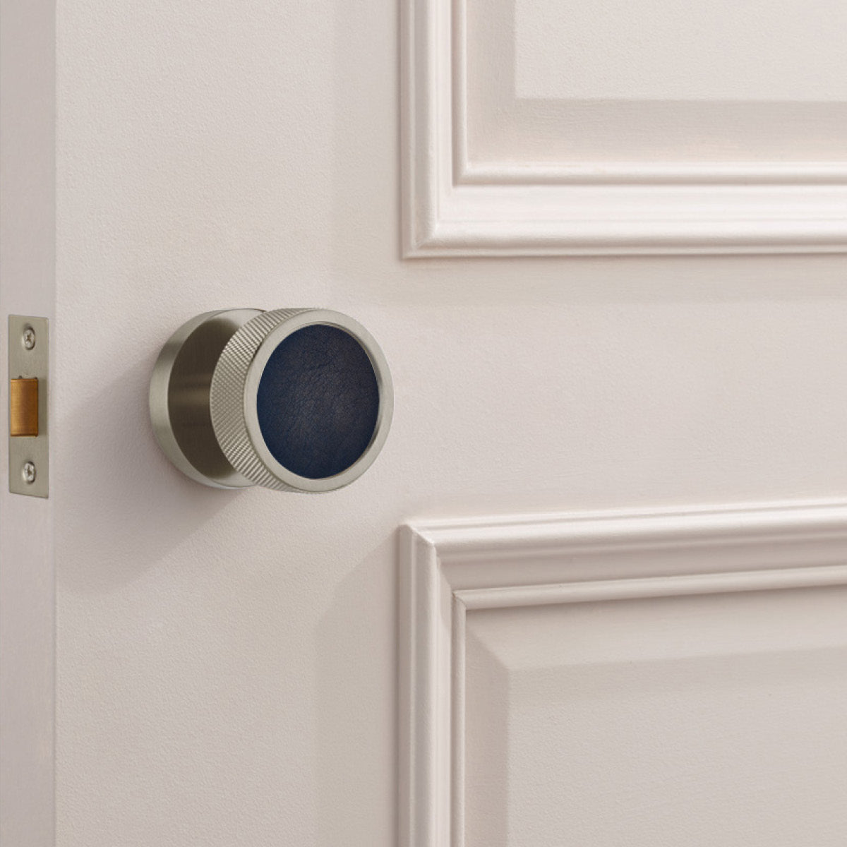 Brass & Leather Mortice Door Knobs in Silver