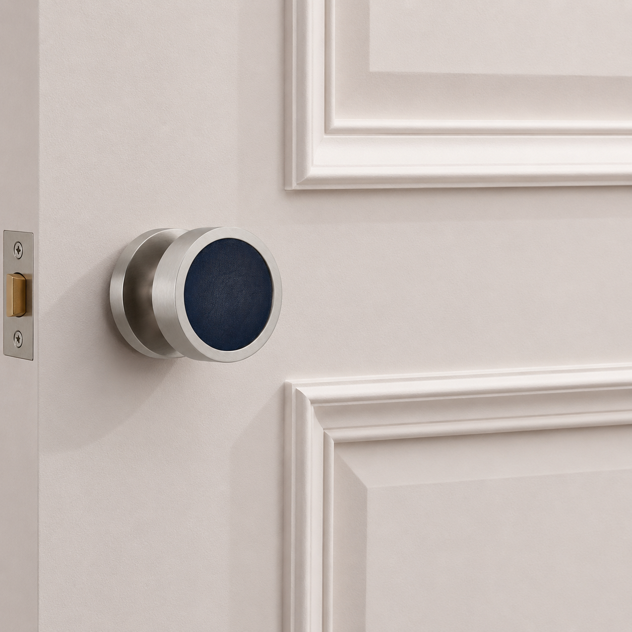 Brass & Leather Mortice Door Knobs in Silver