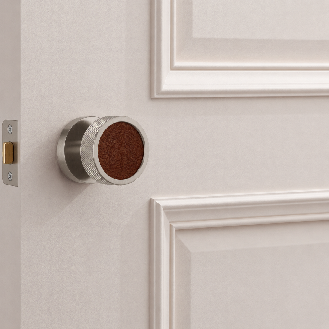 Brass & Leather Mortice Door Knobs in Silver