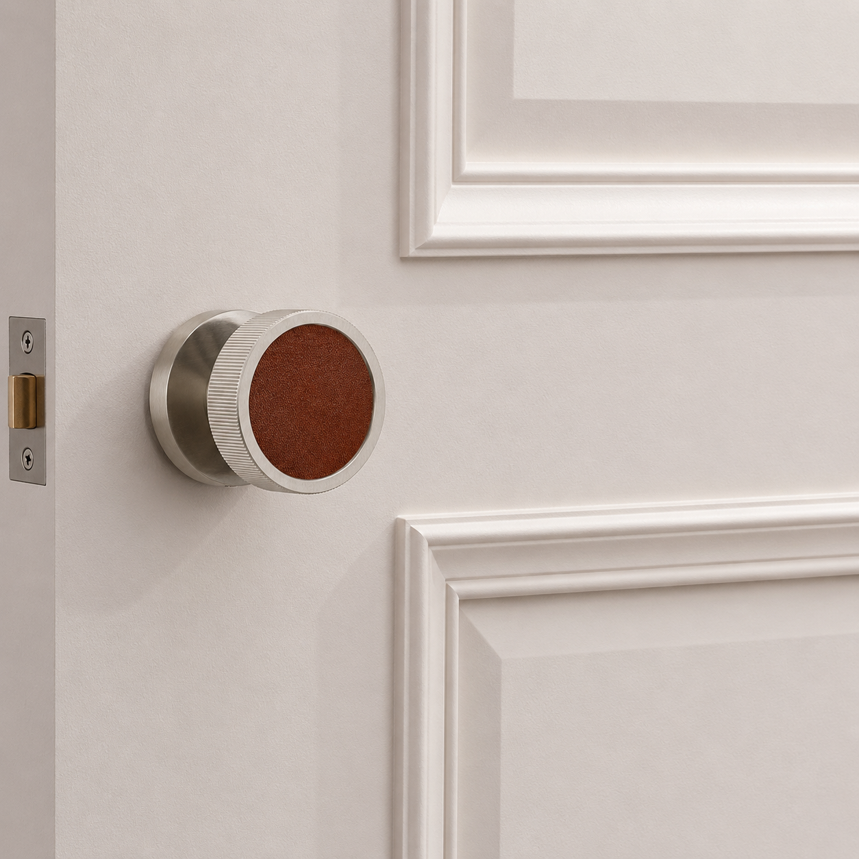 Brass & Leather Mortice Door Knobs in Silver