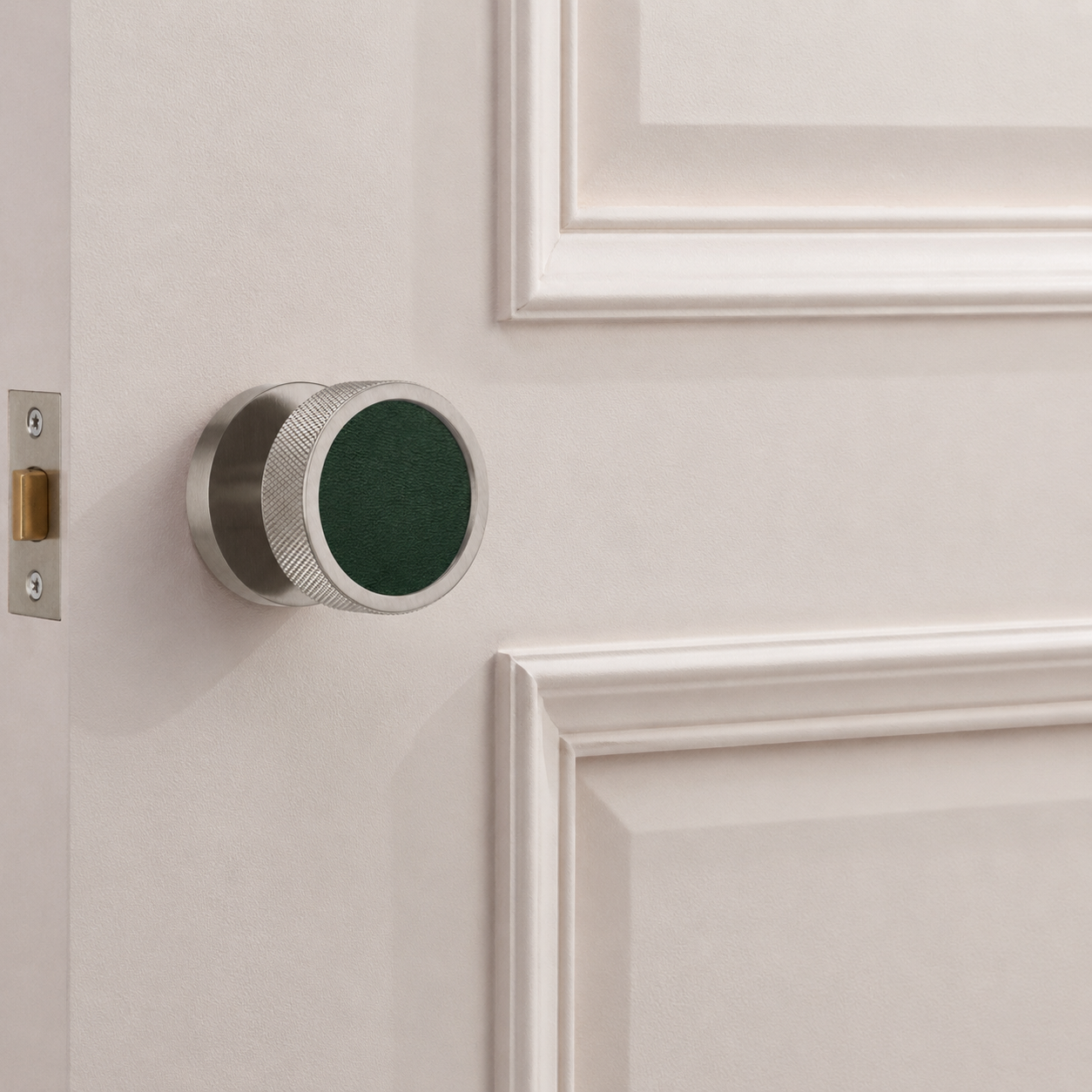 Brass & Leather Mortice Door Knobs in Silver