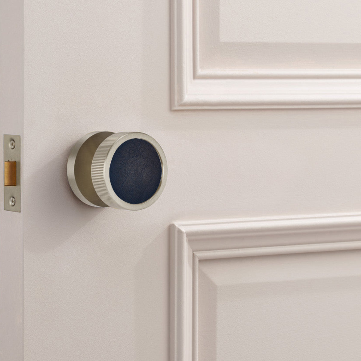 Brass & Leather Mortice Door Knobs in Silver
