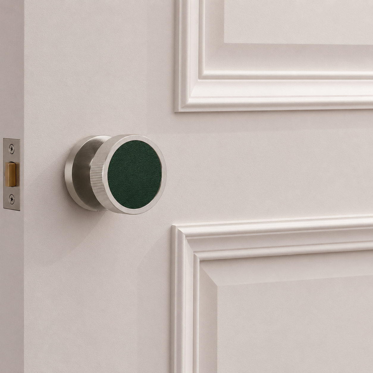 Brass & Leather Mortice Door Knobs in Silver