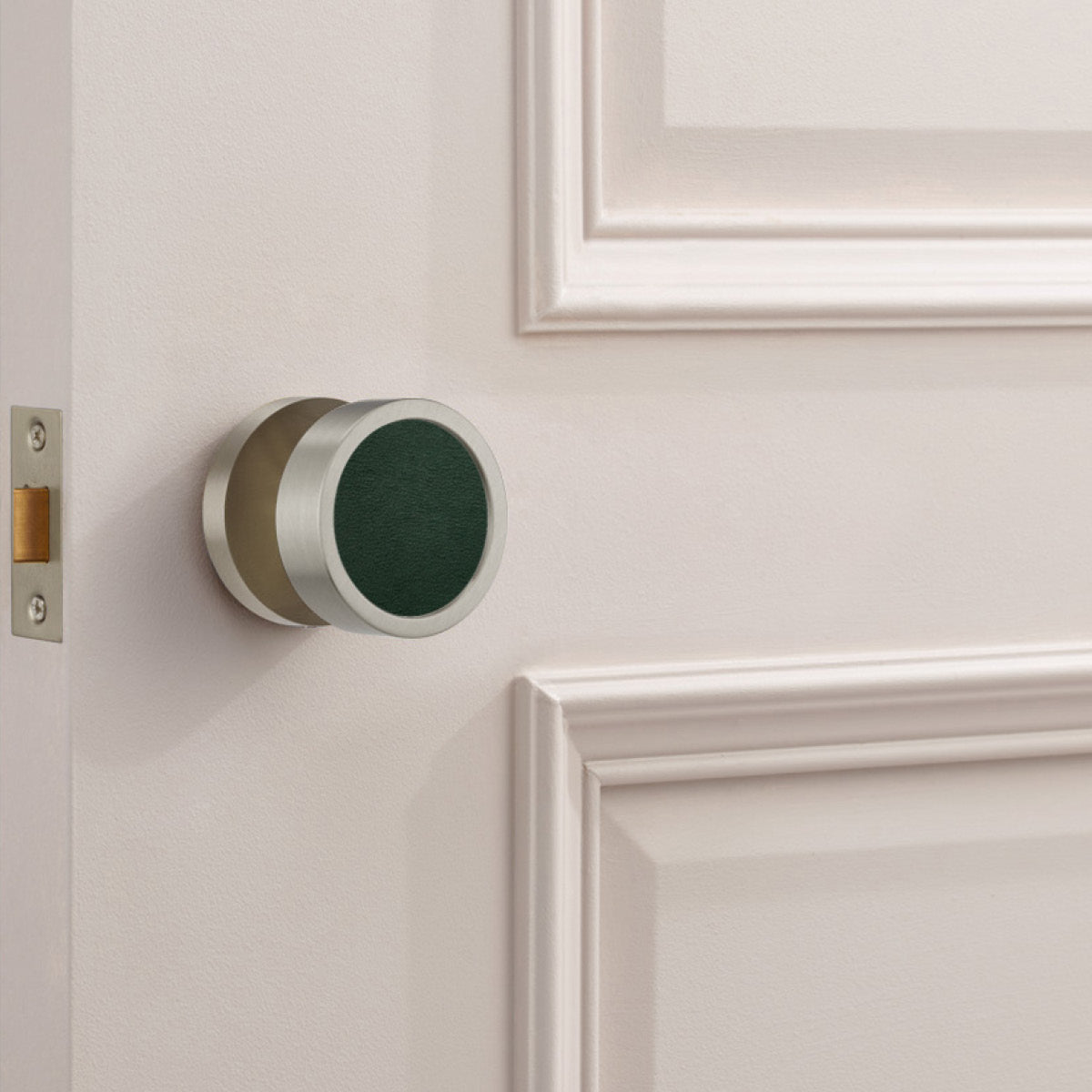 Brass & Leather Mortice Door Knobs in Silver