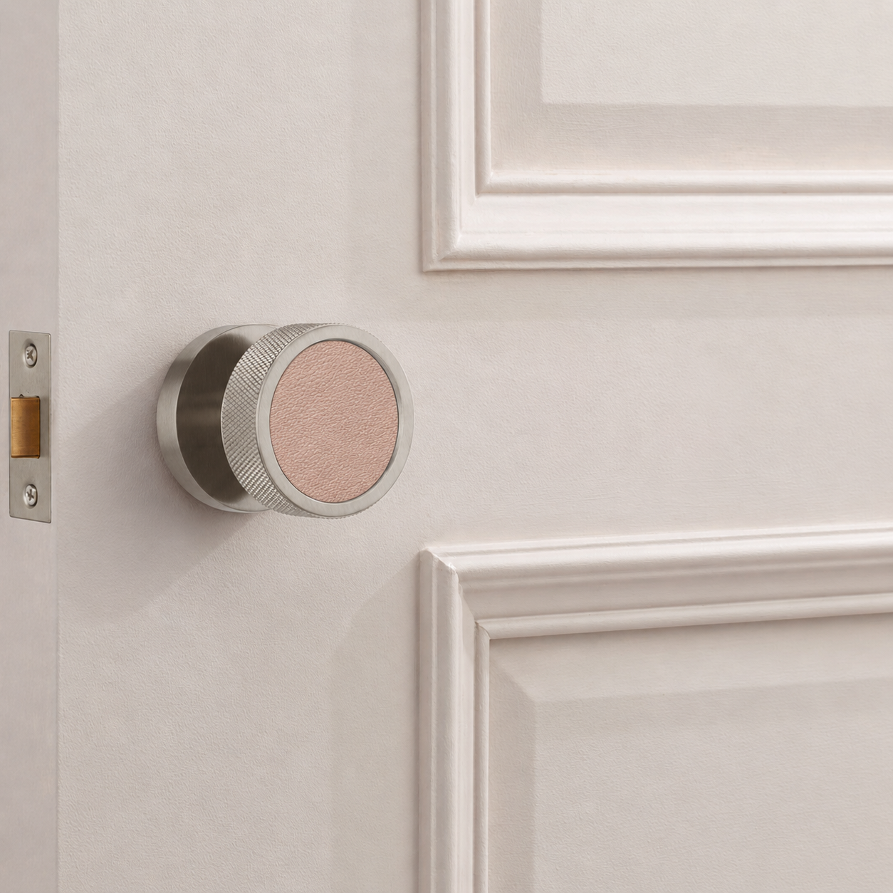 Brass & Leather Mortice Door Knobs in Silver
