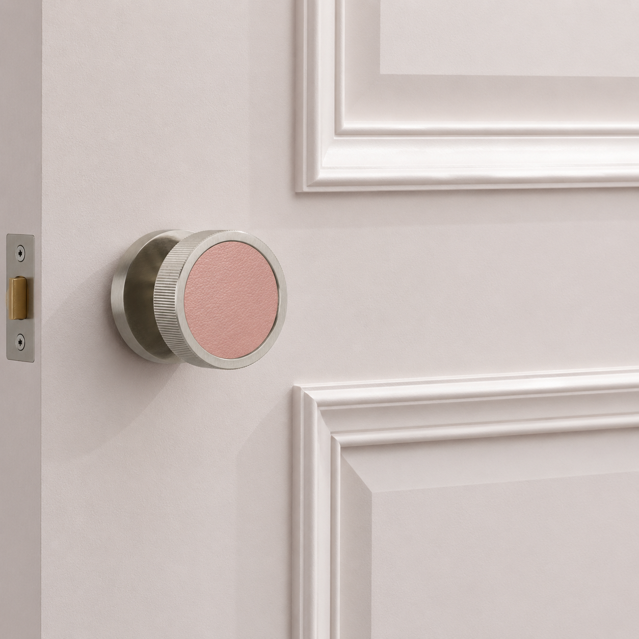 Brass & Leather Mortice Door Knobs in Silver