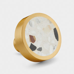 Brass & White Fleck Terrazzo Round Door Knobs in Gold