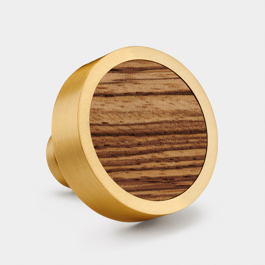 Brass & Zebrano Wood Round Door Knobs in Gold