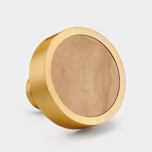 Brass & Maple Wood Round Door Knobs in Gold