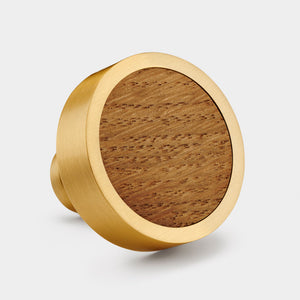 Brass & Oak Wood Round Door Knobs in Gold