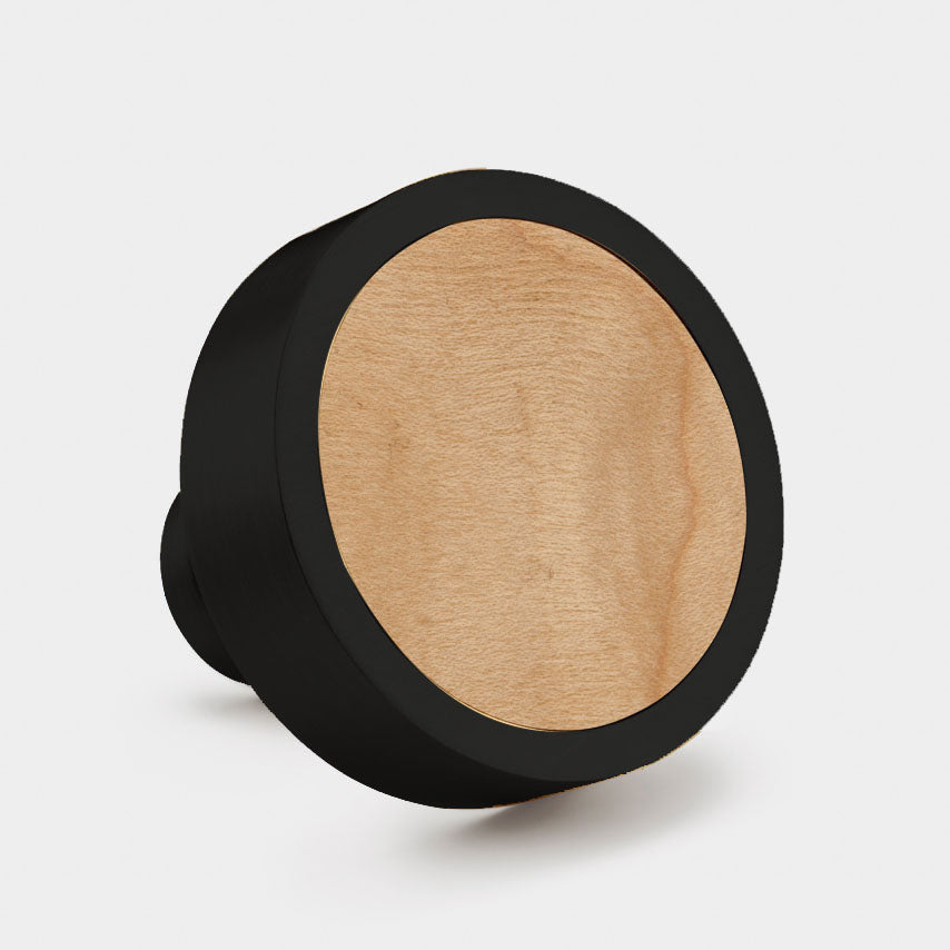 Brass & Maple Wood Round Door Knobs in Black