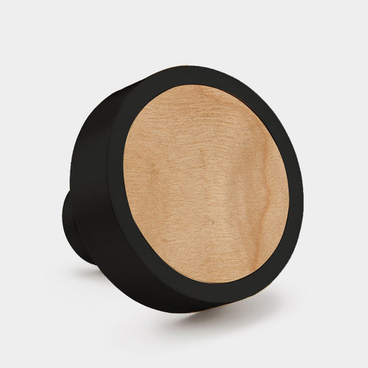 Brass & Maple Wood Round Door Knobs in Black
