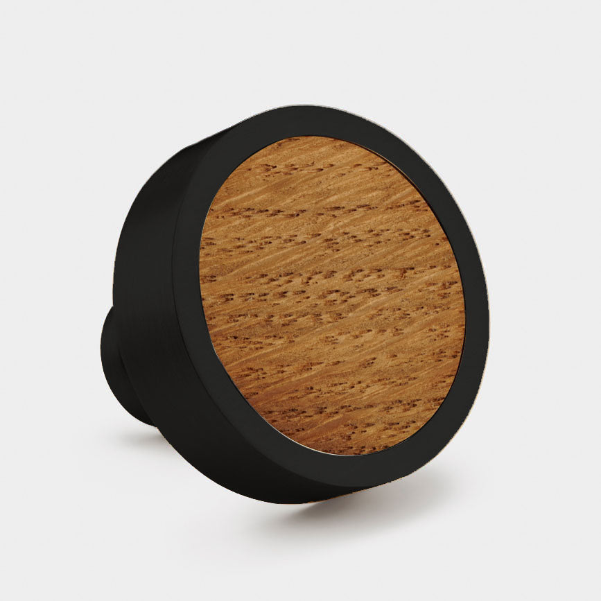 Brass & Oak Wood Round Door Knobs in Black