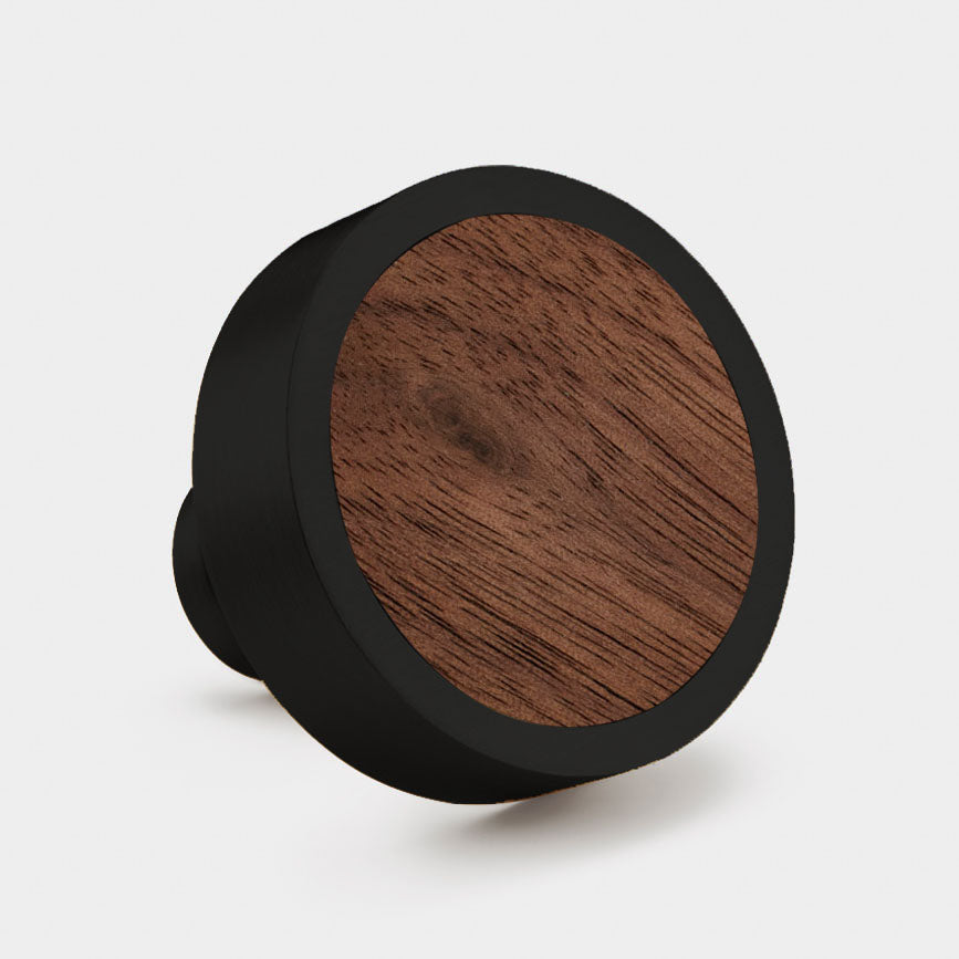 Brass & Walnut Wood Round Door Knobs in Black