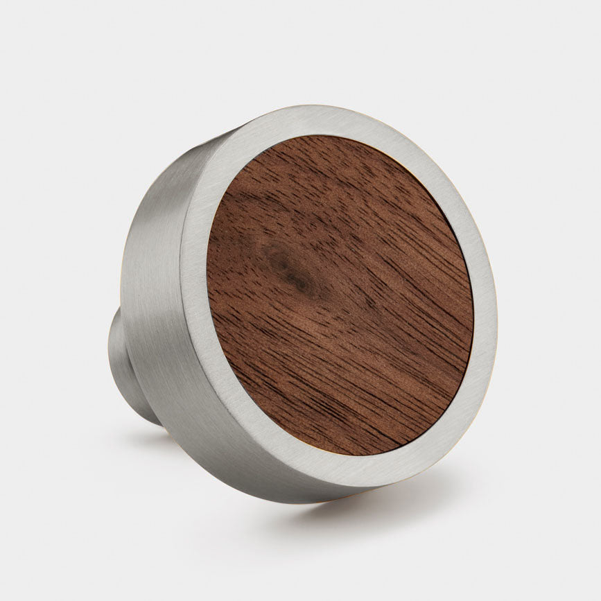 Brass & Walnut Wood Round Door Knobs in Silver