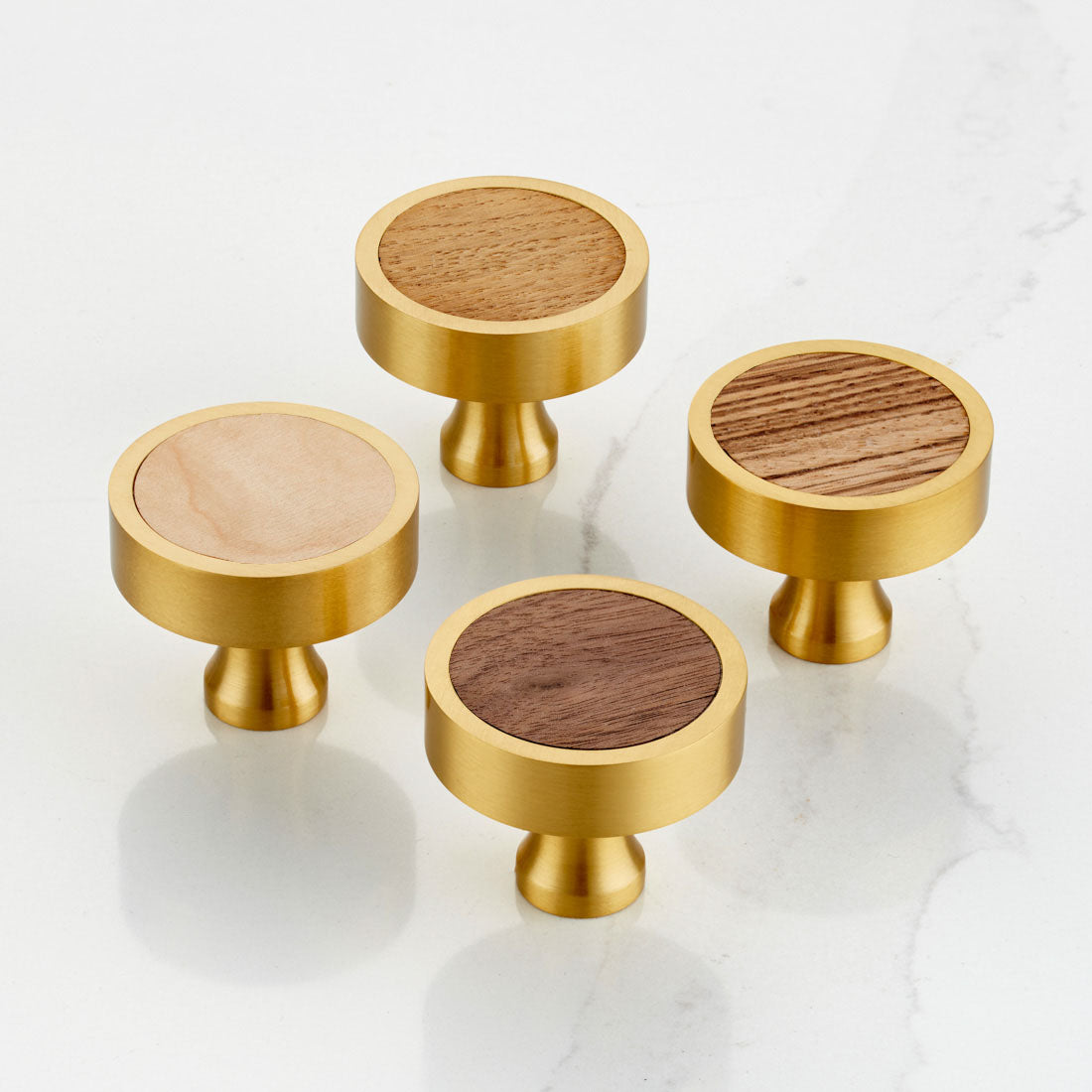Brass & Zebrano Wood Round Door Knobs in Gold
