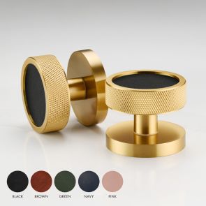 Brass & Leather Knurled Mortice Door Knobs in Gold